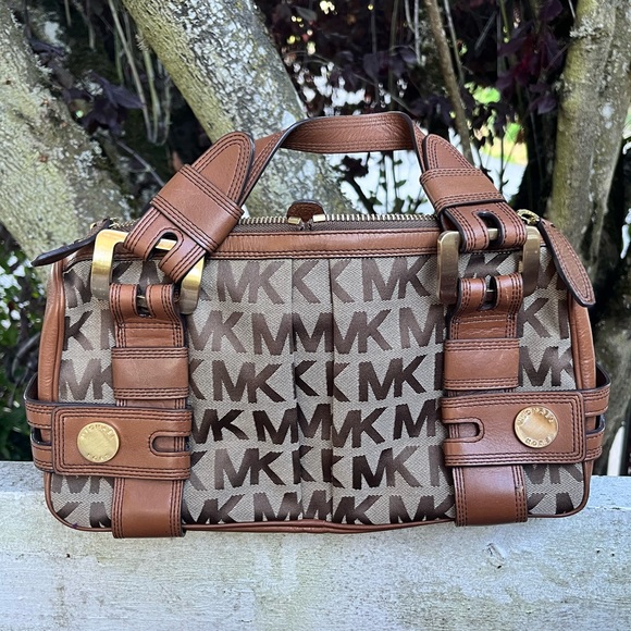 MICHAEL KORS SIGNATURE HARNESS GRAB LEATHER & TAN CANVAS BROWN SATCHEL ~ RARE - Picture 3 of 5